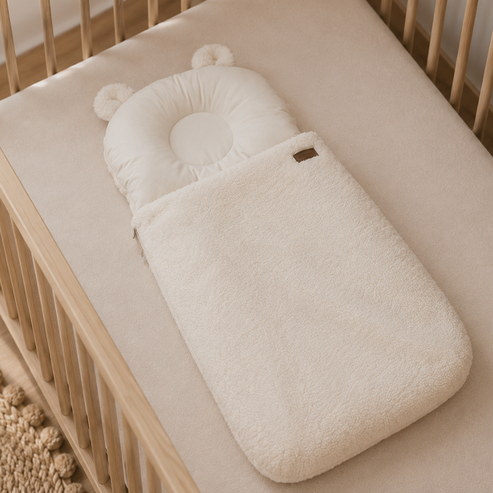 Babyschlafsack mit Bärenohren | Baumwolle & Teddy-Stoff