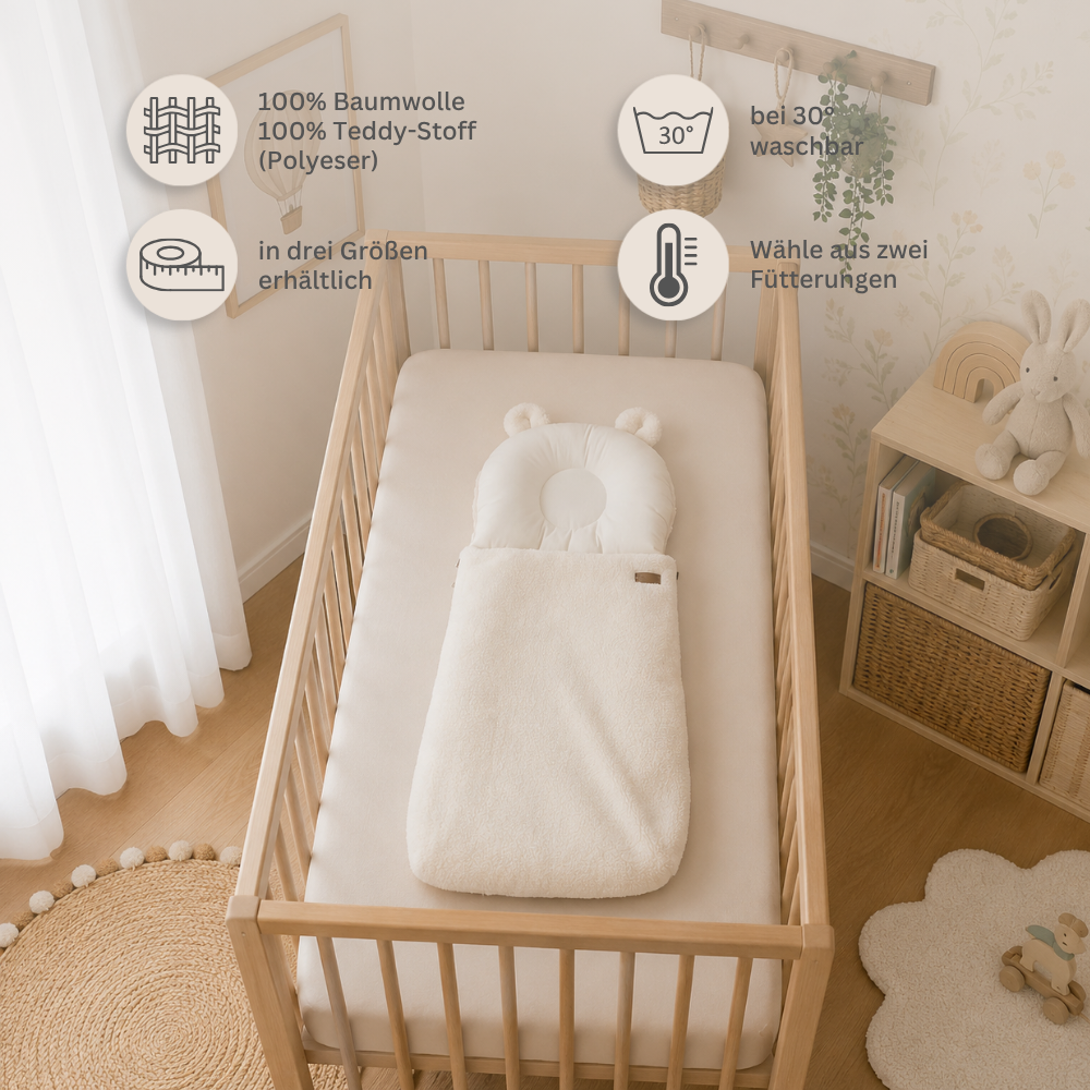 Babyschlafsack mit Bärenohren | Baumwolle & Teddy-Stoff