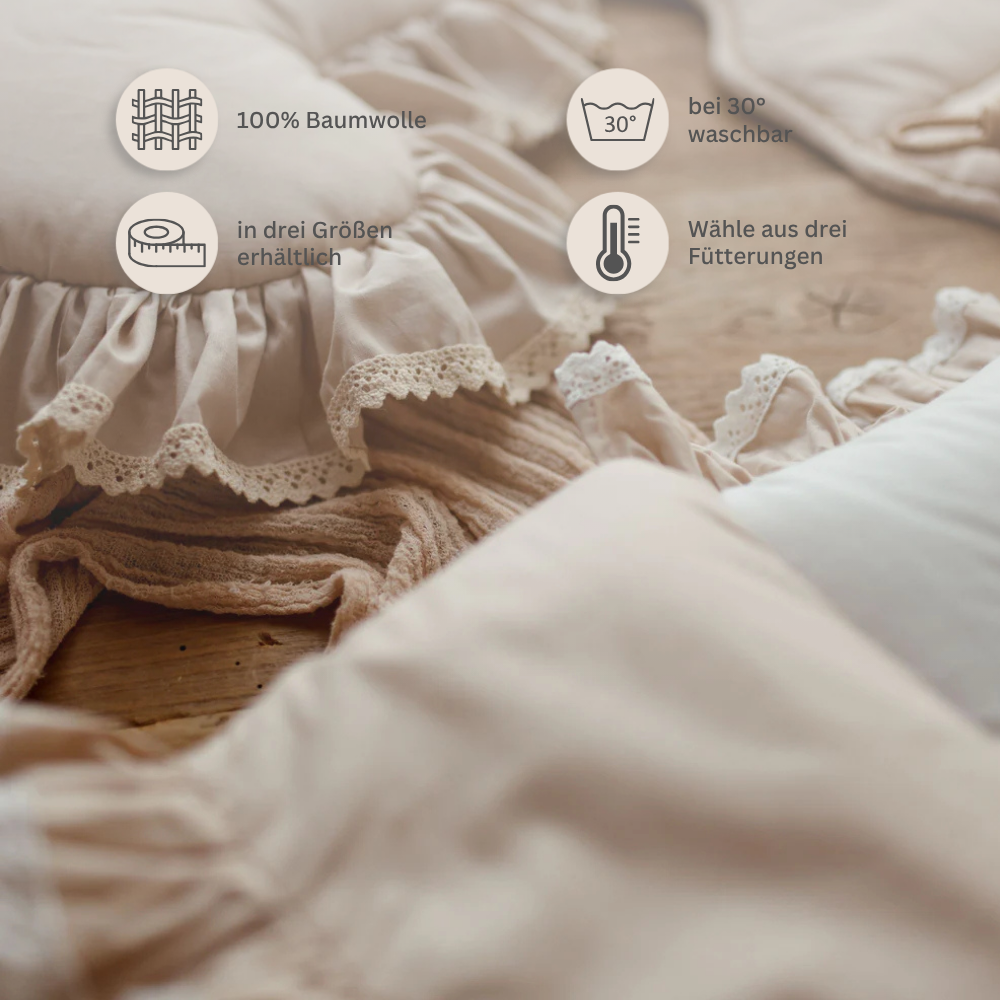 Premium Babyschlafsack ROMANTIC mit Rüschen & weißer Spitze | Baumwolle