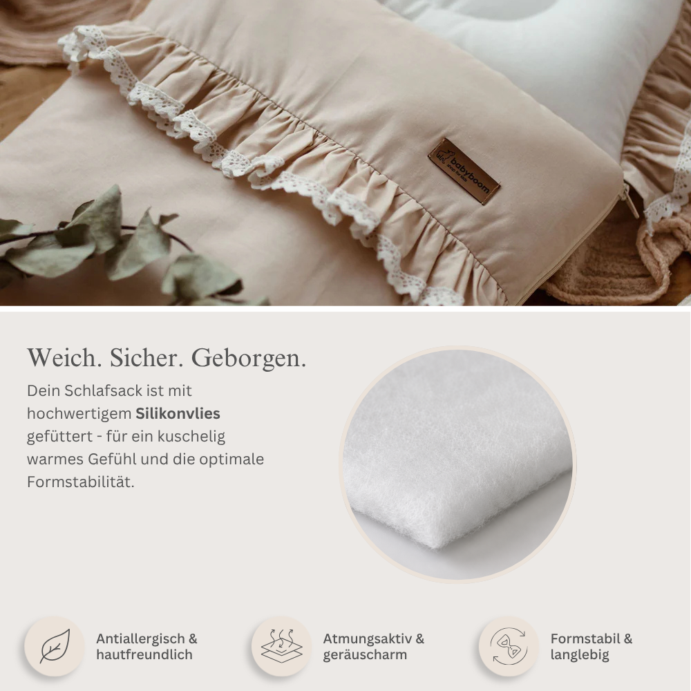 Premium Babyschlafsack ROMANTIC mit Rüschen & weißer Spitze | Baumwolle