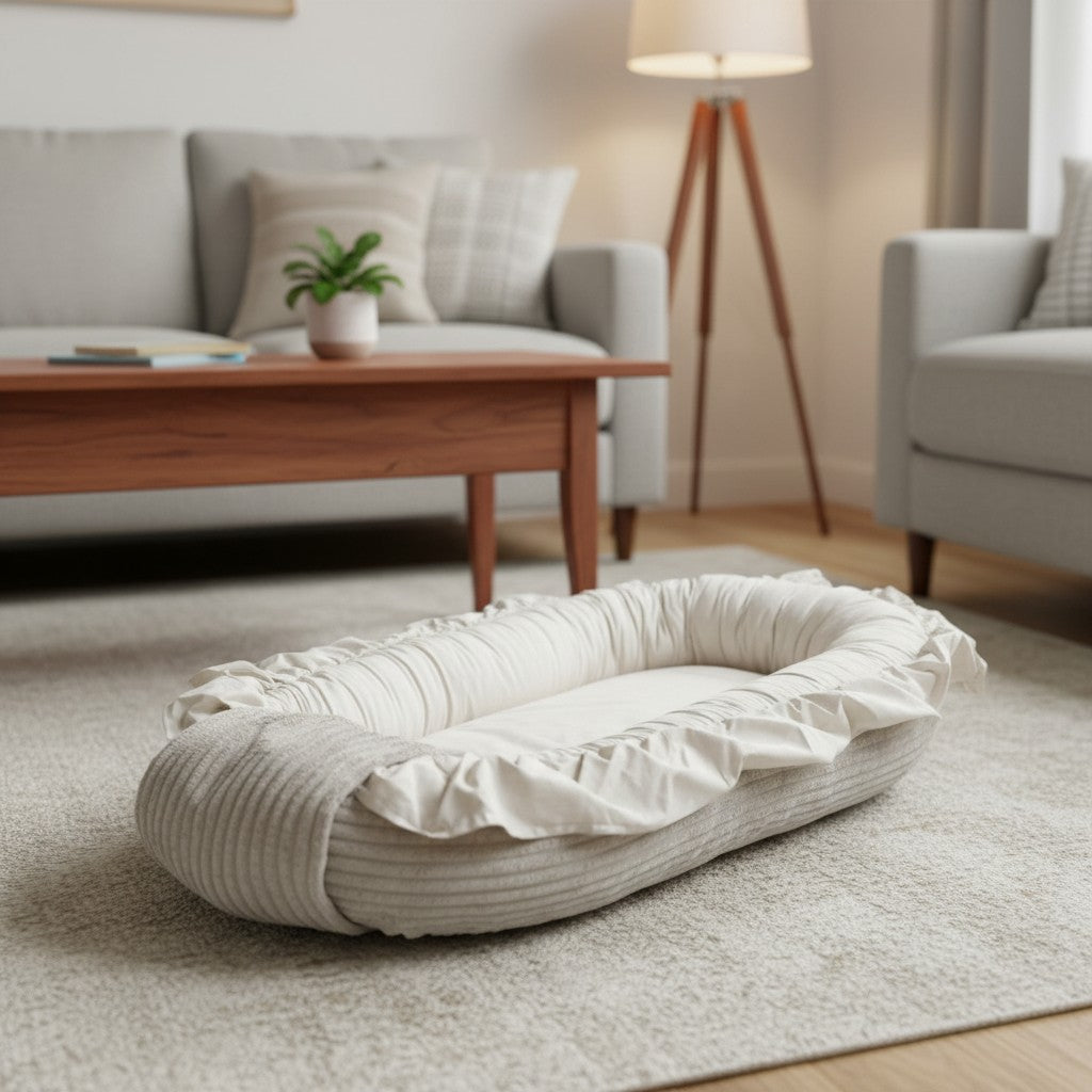 Babynestchen mit Rüschen aus Baumwolle & Cord | Beige