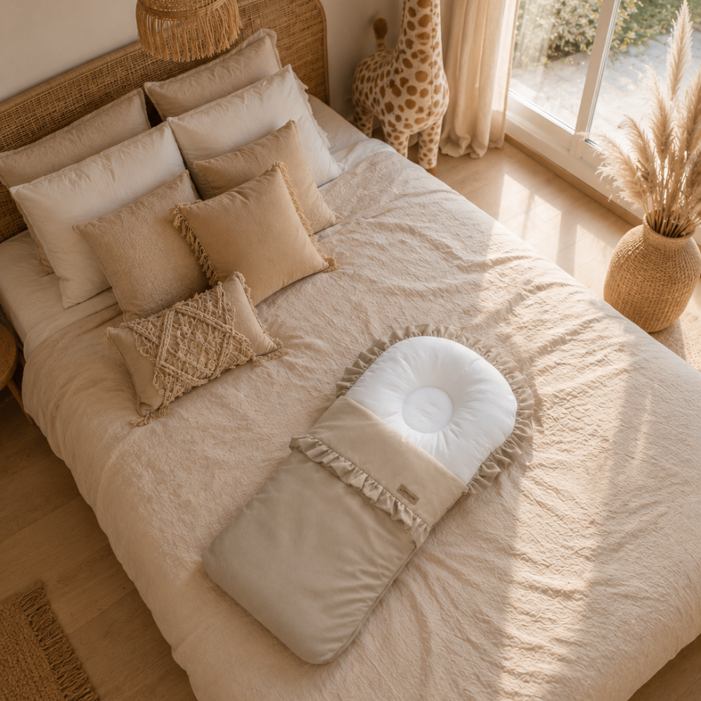 Babyschlafsack mit Rüschen aus einfarbiger Baumwolle und Samt auf einem Bett.