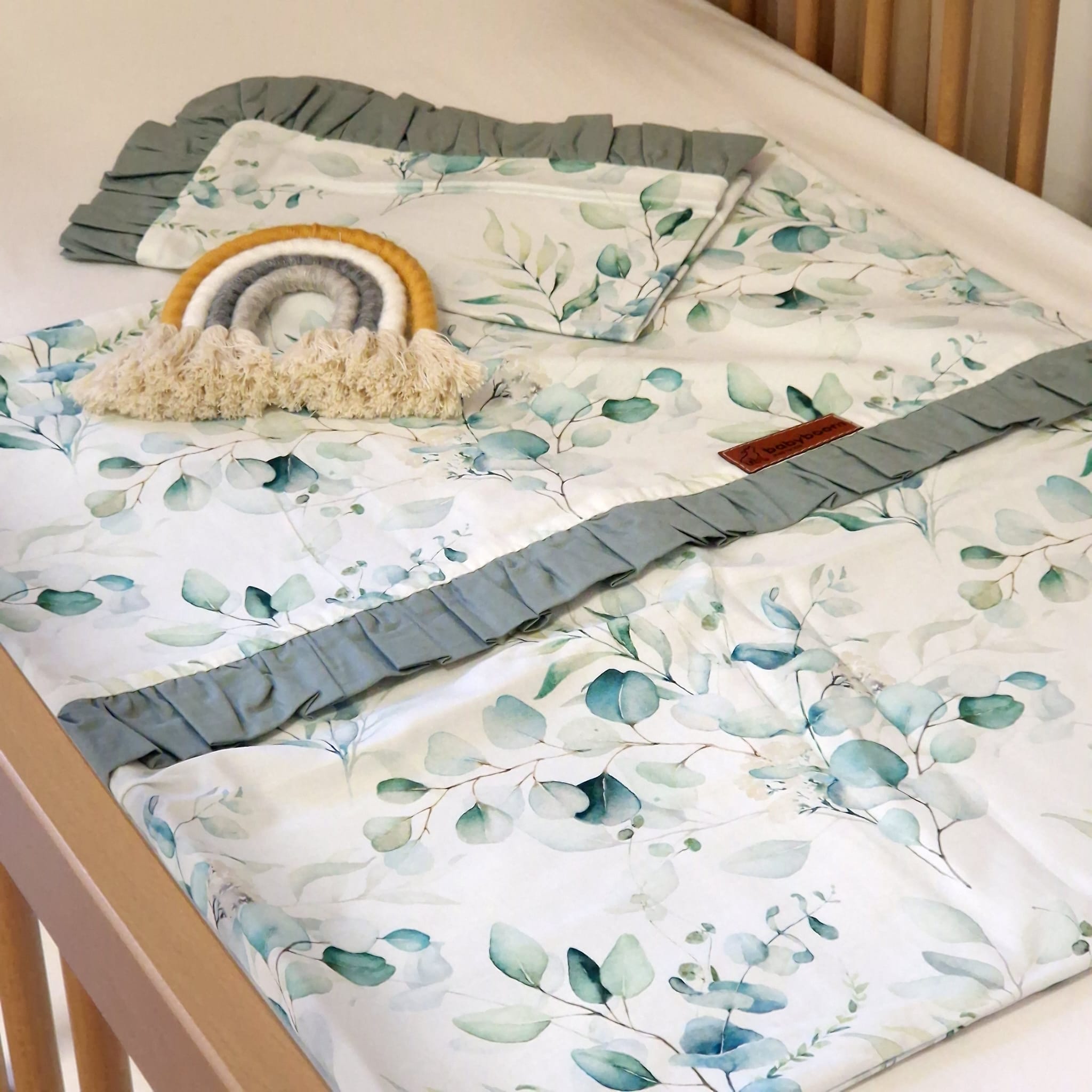 Bettwäsche mit Rüschen | Premium Baumwolle | Eukalyptus mit Salbeigrün | Sondergröße 110 x 125/55 x 35 cm