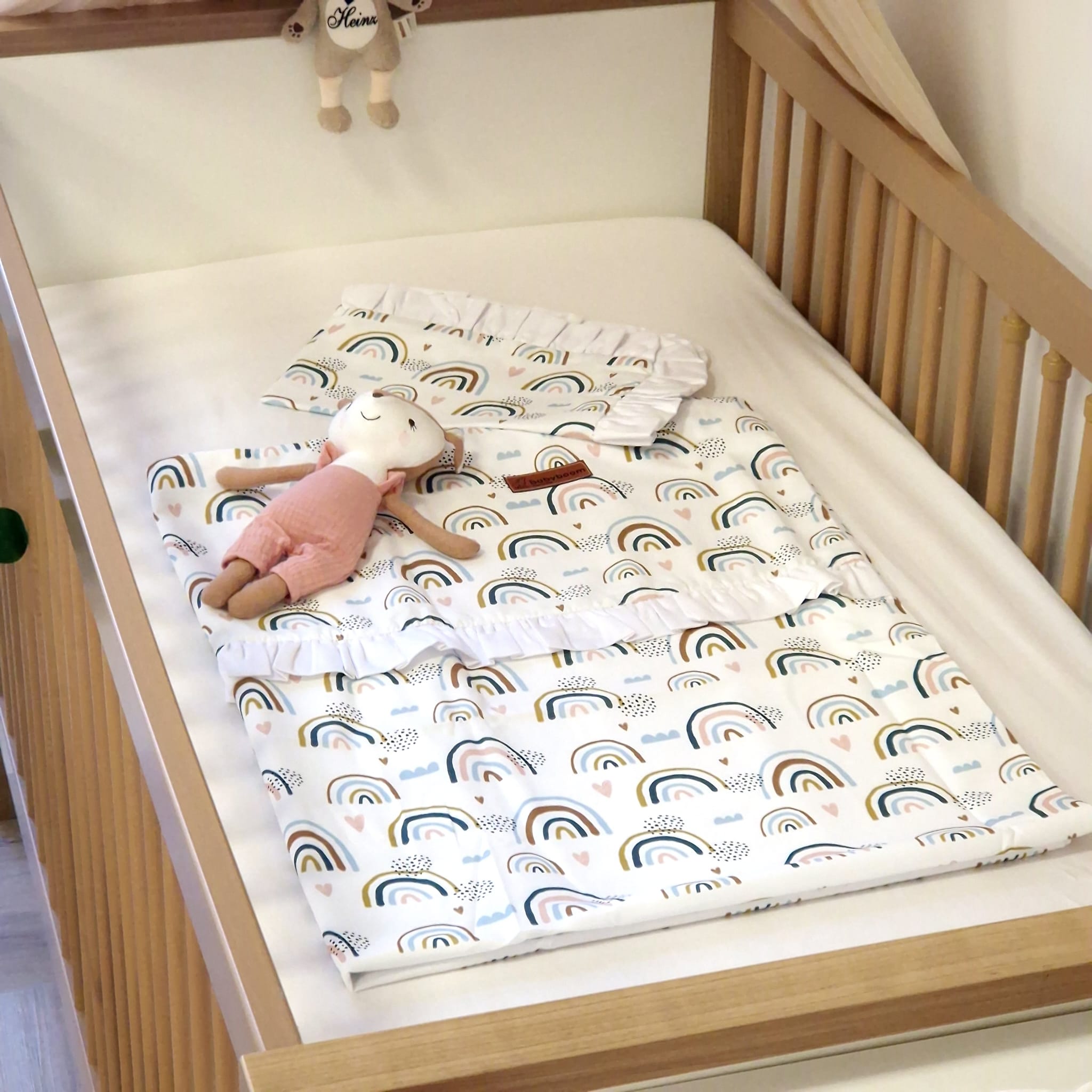 Bettwäsche mit Rüschen | Premium Baumwolle | Regenbogen mit weiß | 100 x 135/60 x 40 cm