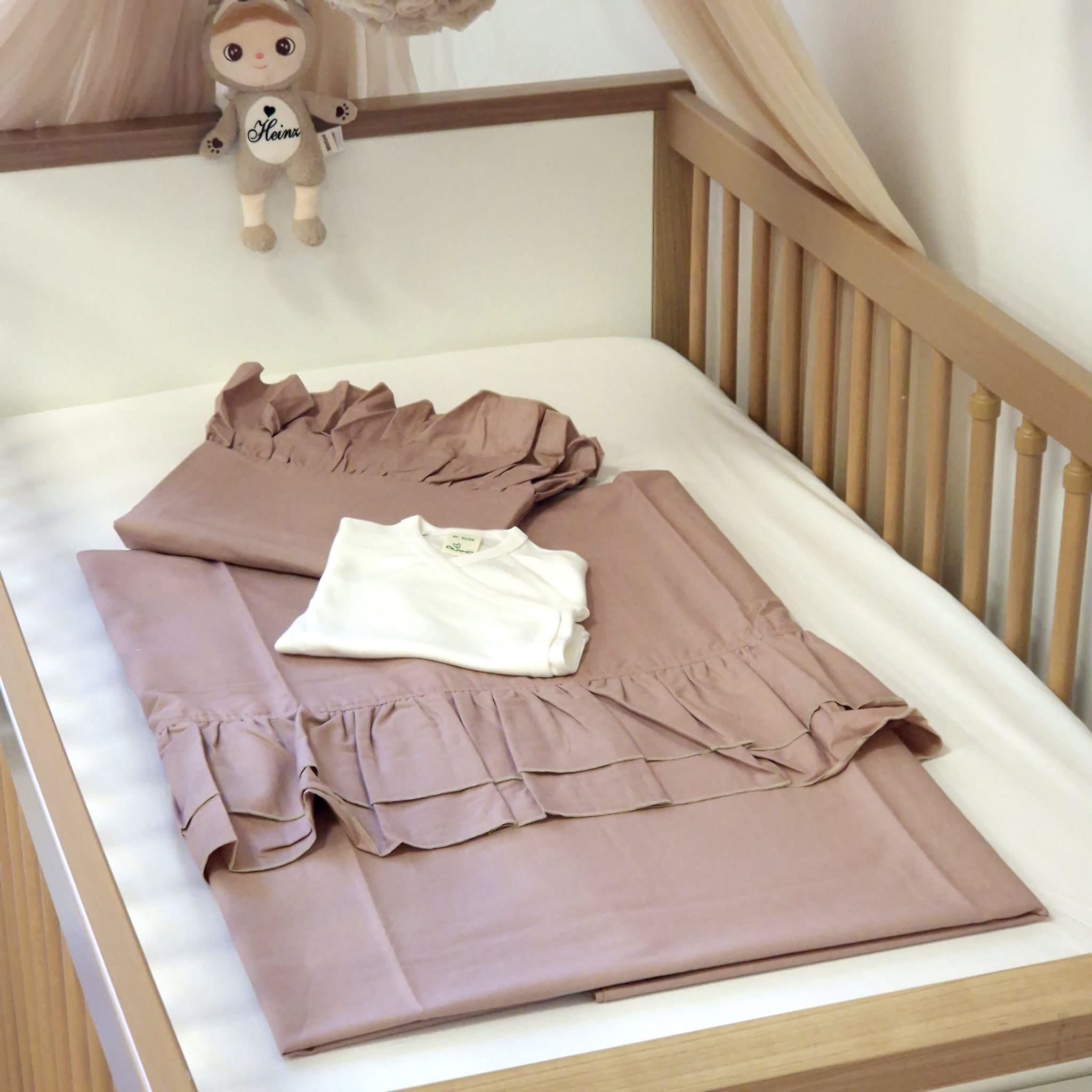 Bettwäsche mit doppelten XL-Rüschen | Baumwolle Altrosa | 100 x 135/60 x 40 cm | 140 x 200 cm/80 x 80 cm