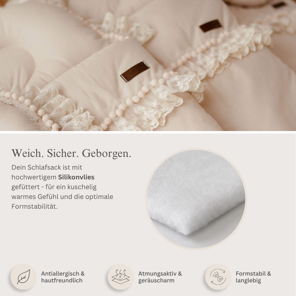 Flacher Schlafsack Delicious mit Spitze & Bommelchen | Baumwolle