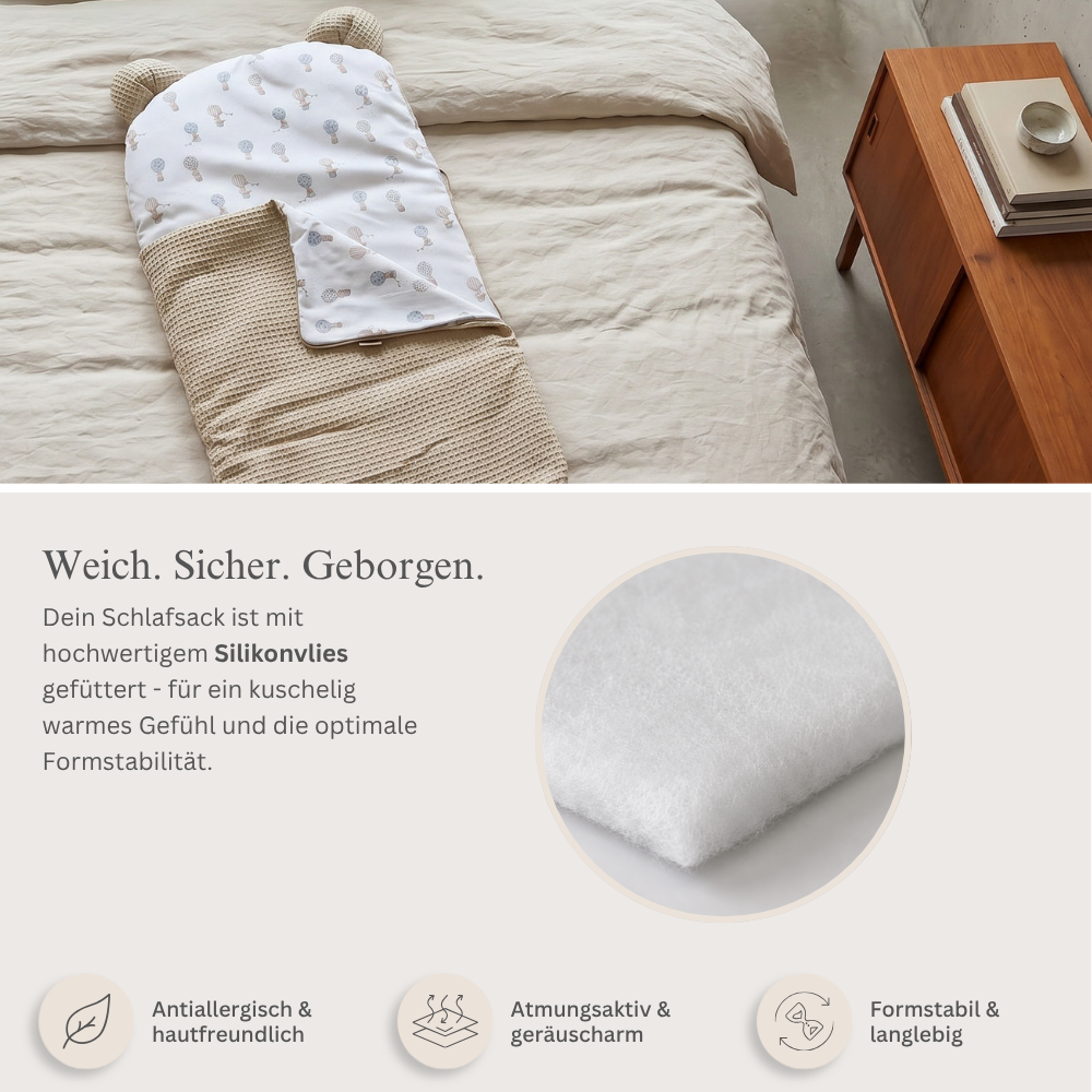 Flacher Schlafsack mit Bärenohren | Premium Baumwolle & Waffelpique