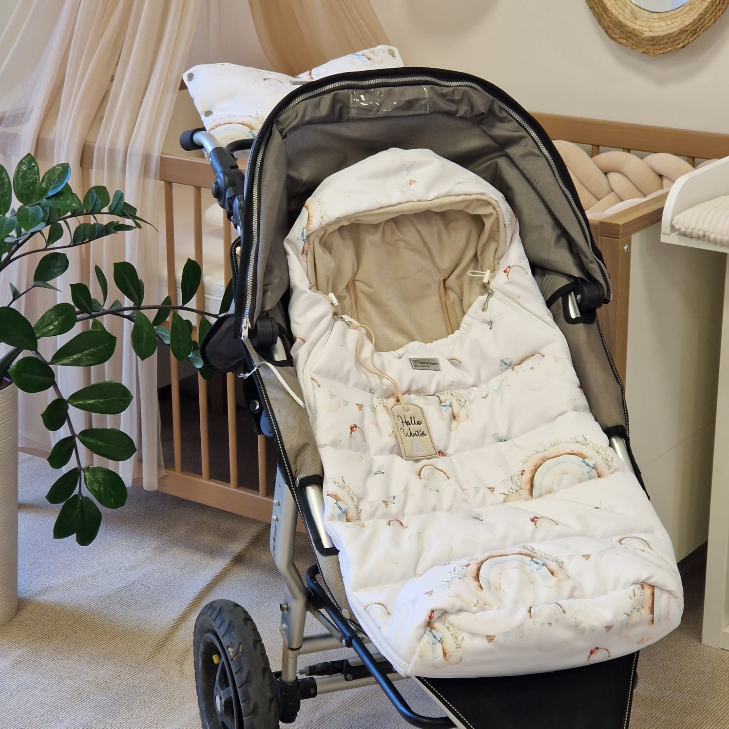 Winterfußsack inkl. Handmuff | Beige mit Wolken & Regenbogen