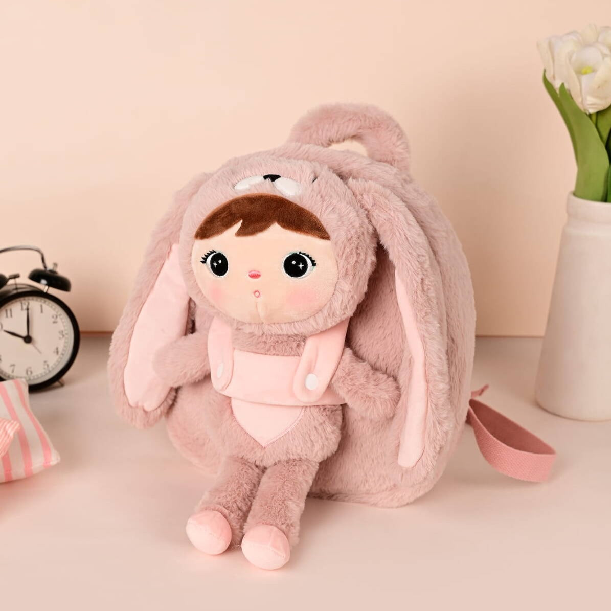 Personalisierter Stoff-Rucksack mit Puppe | Powder pink Bunny