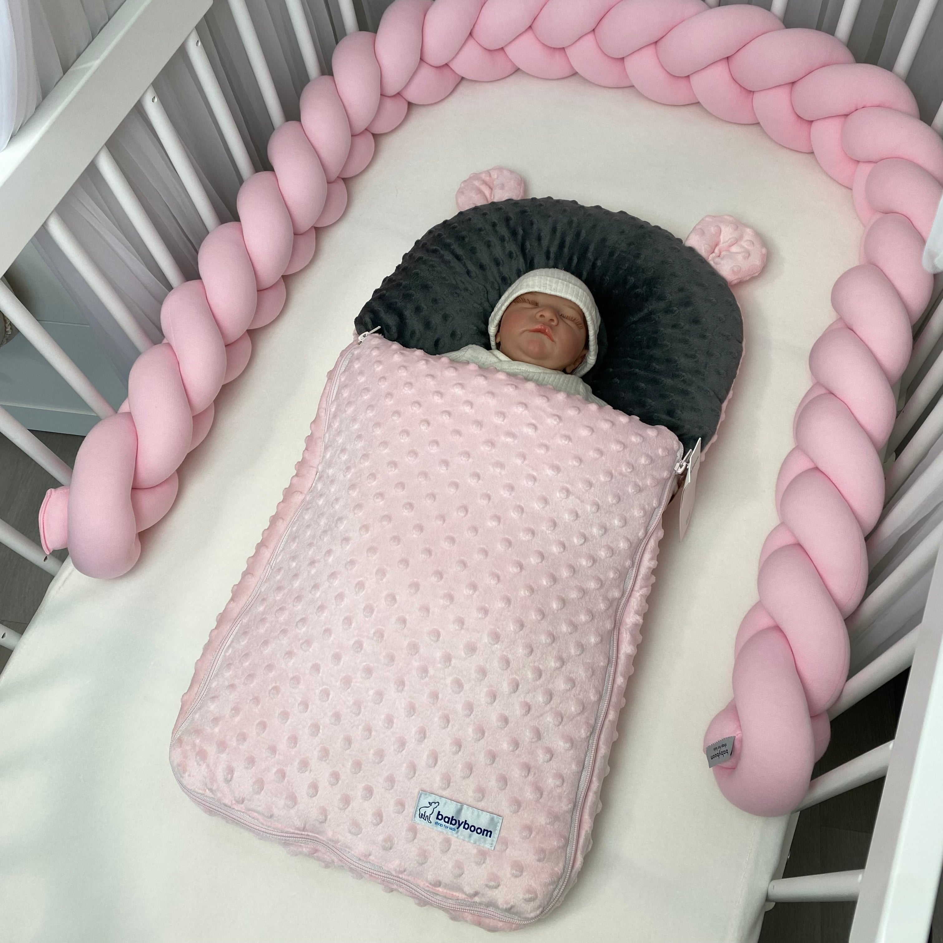 Babyschlafsack mit Bärenohren  | Minky Dunkelgrau & Hellrosa | 70 cm