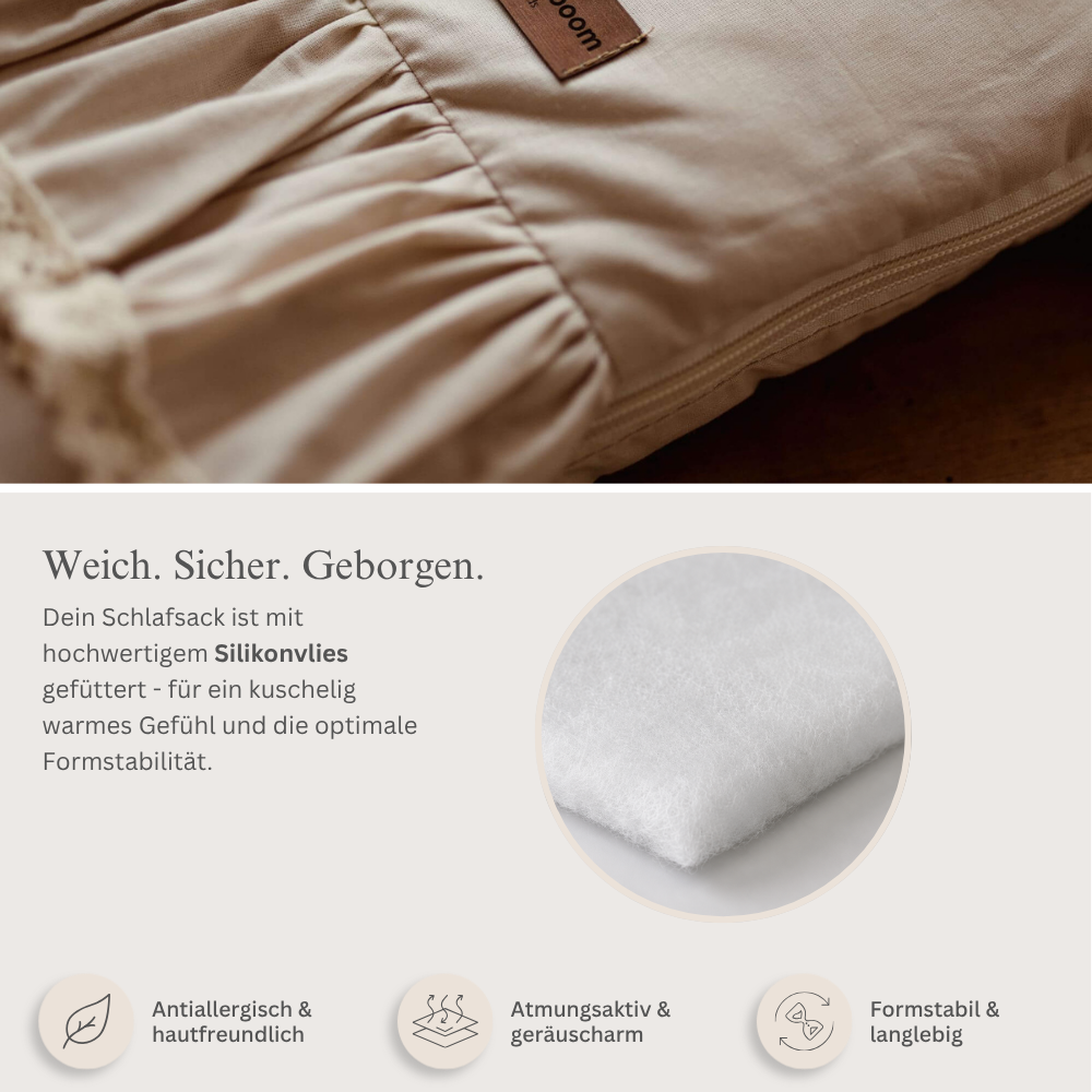Flacher Schlafsack RETRO ROMANTIC mit Rüschen & beige Spitze | Baumwolle