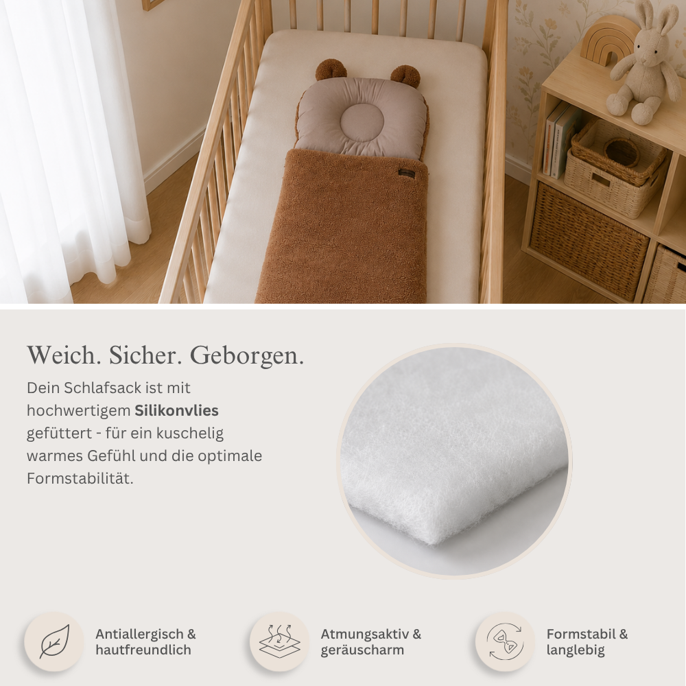 Babyschlafsack mit Bärenohren |  Baumwolle & Teddy-Stoff