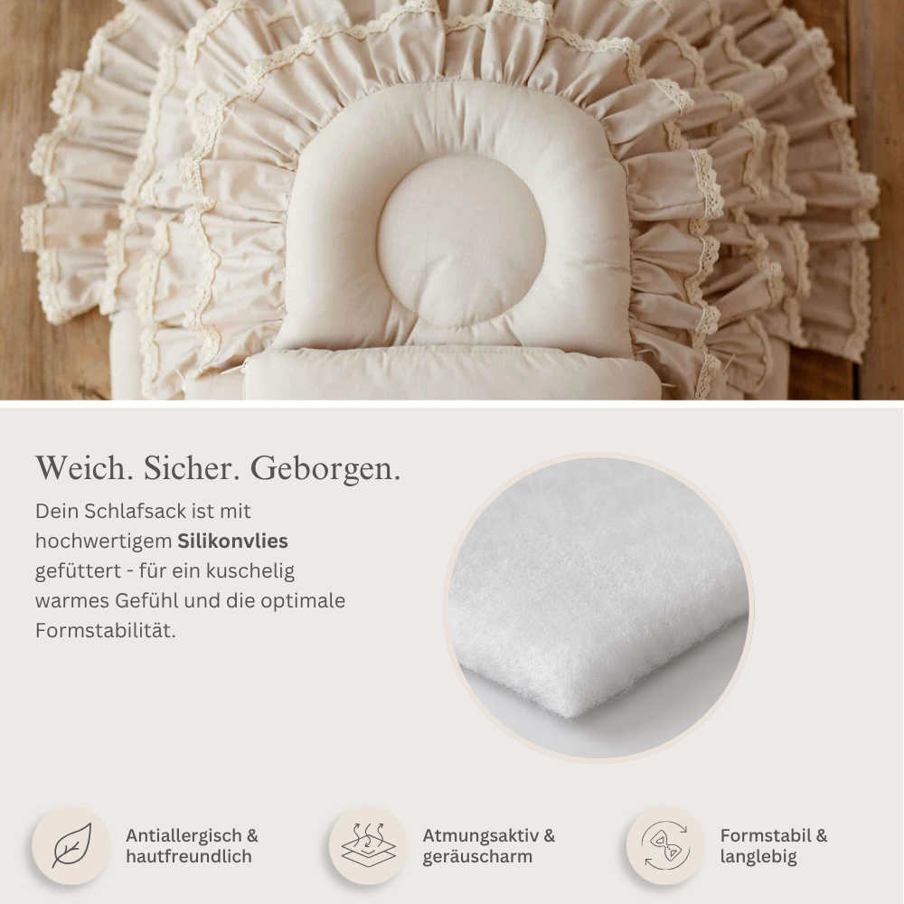 Premium Babyschlafsack RETRO ROMANTIC mit Rüschen & beige Spitze | Baumwolle