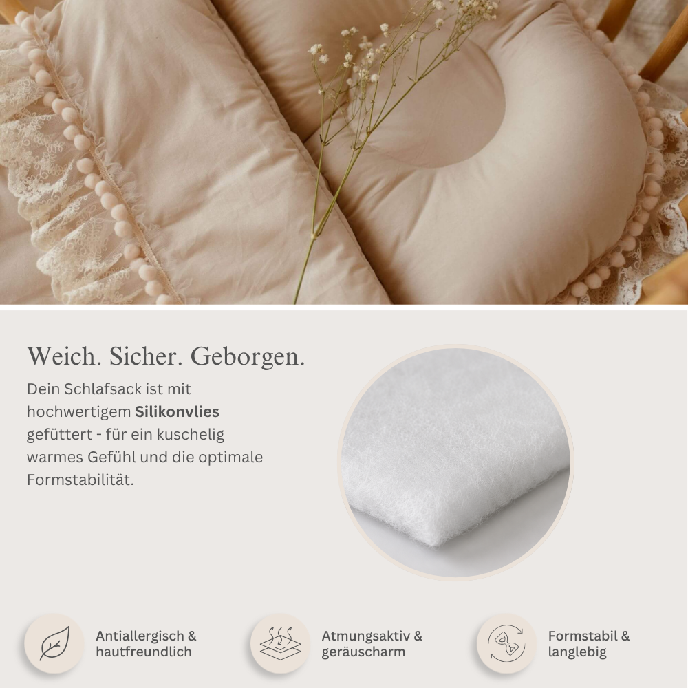 Premium Babyschlafsack Delicious mit Spitze & Bommelchen | Baumwolle