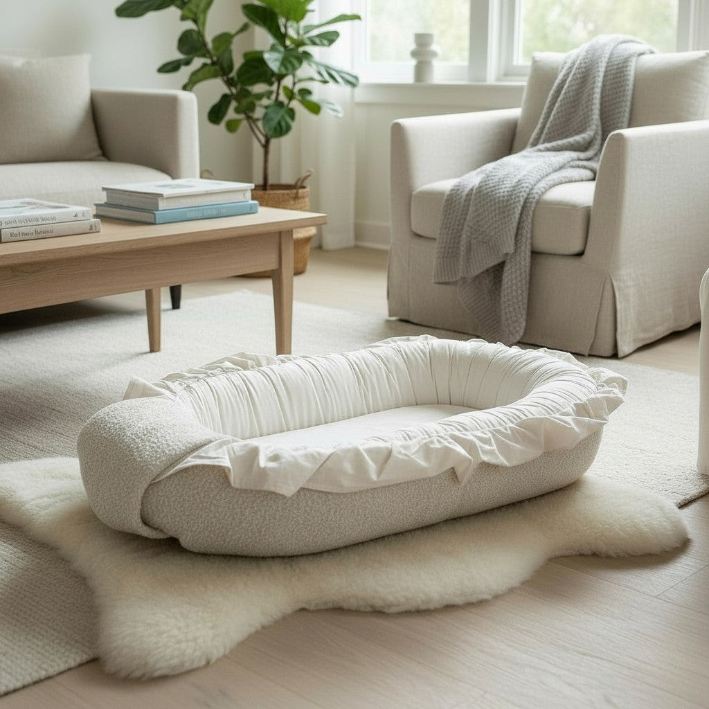 Babynestchen mit Rüschen aus Baumwolle & Bouclé | Sand