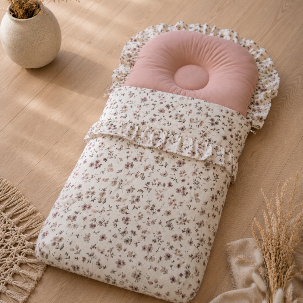 Babyschlafsack mit Rüschen aus Musterbaumwolle auf einem Holzfußboden.