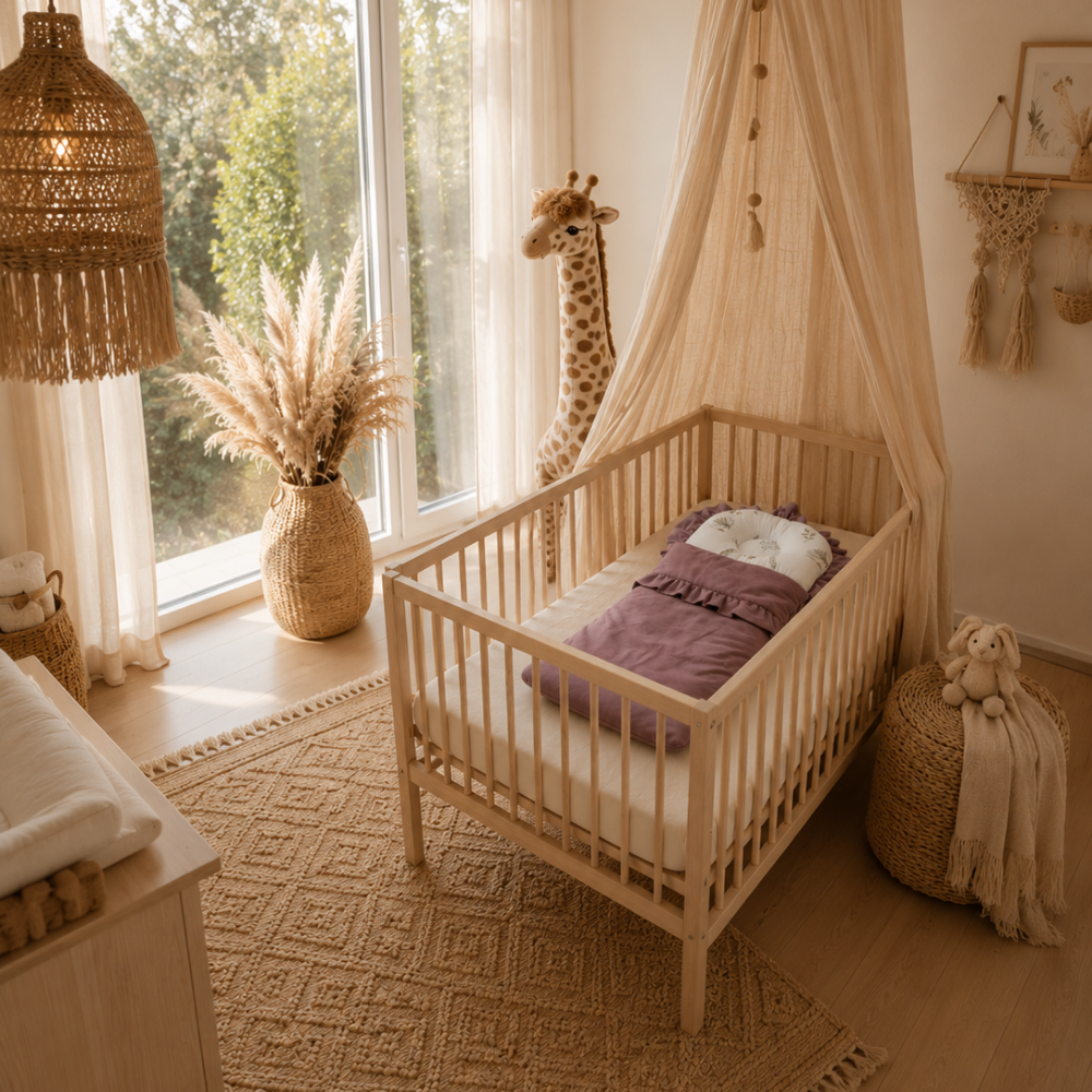 Babyschlafsack aus Samt und Muster Baumwolle liegt in einem Babybett in einem Boho Babyzimmer.