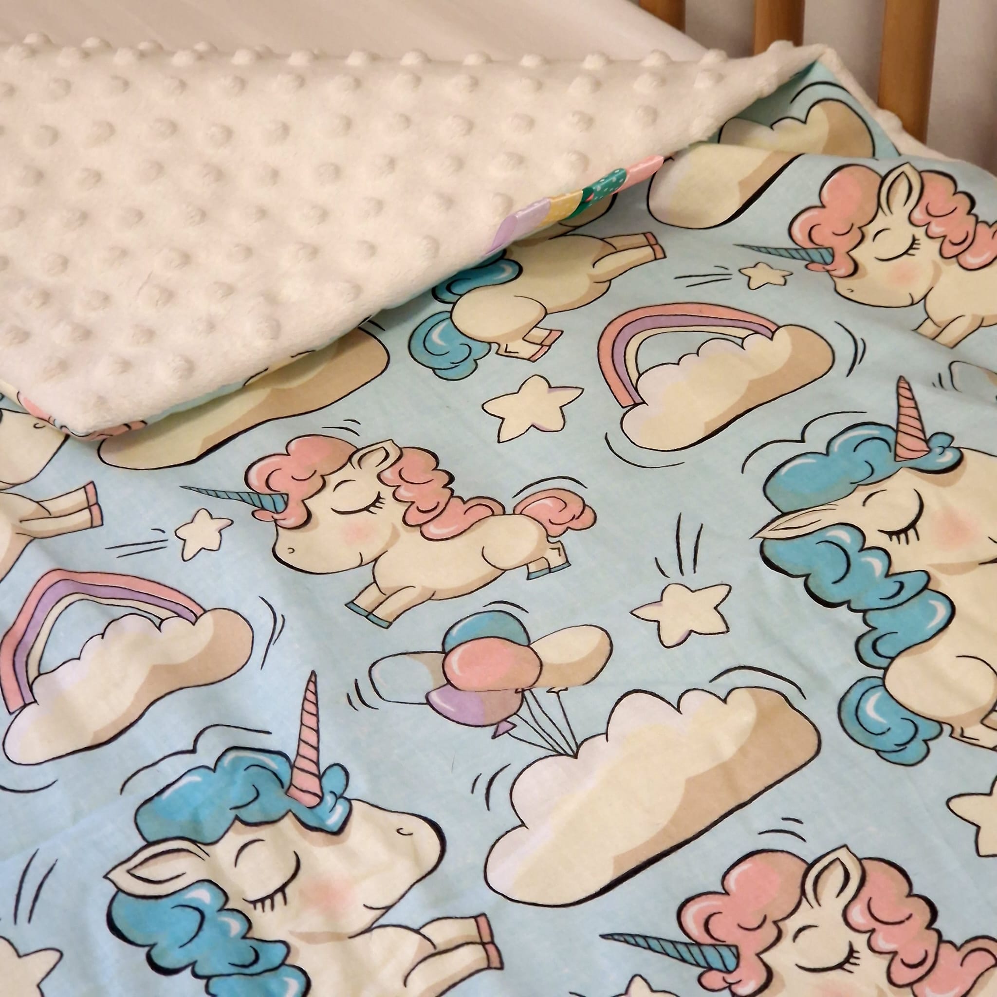 Decke mit Kissen im Set | Minky Weiß mit Baumwolle Einhorn