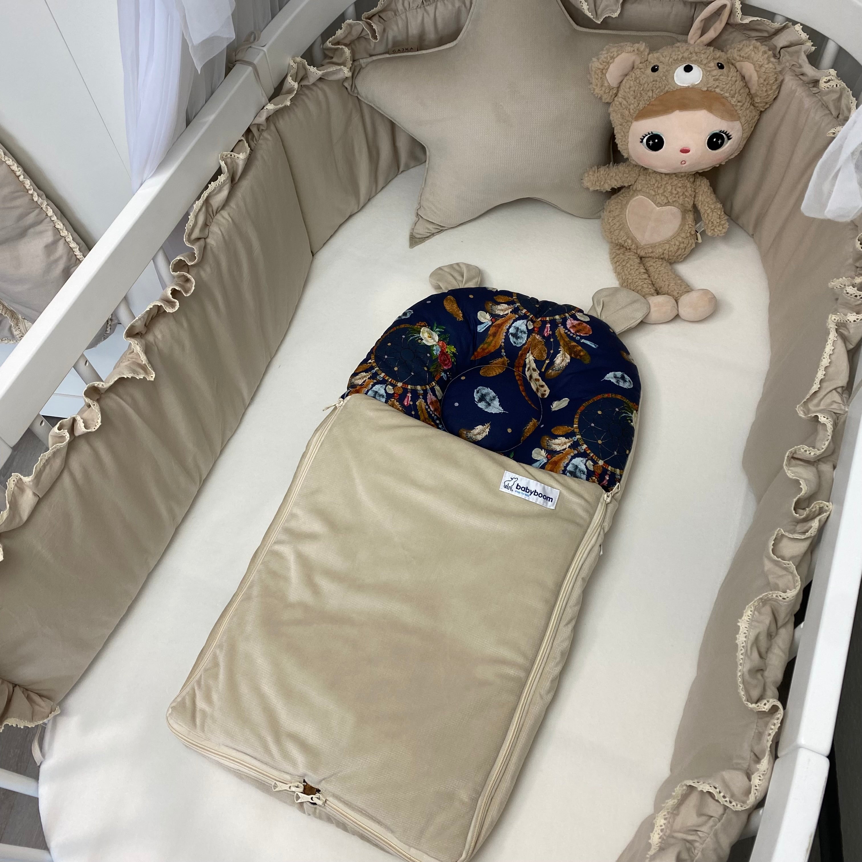 Babyschlafsack mit Bärenohren | "Traumfänger blau" & Samt Beige | 70 cm | TOG 2,5