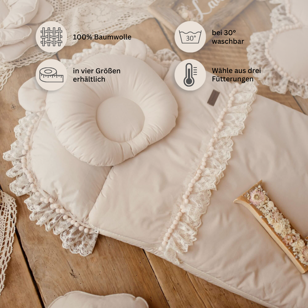 Flacher Schlafsack Delicious mit Spitze & Bommelchen | Baumwolle
