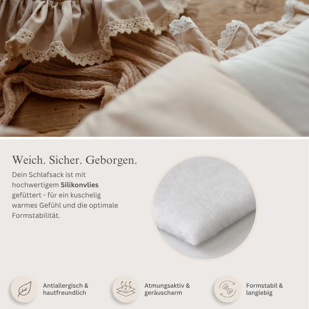 Flacher Schlafsack ROMANTIC mit Rüschen und weißer Spitze | Baumwolle