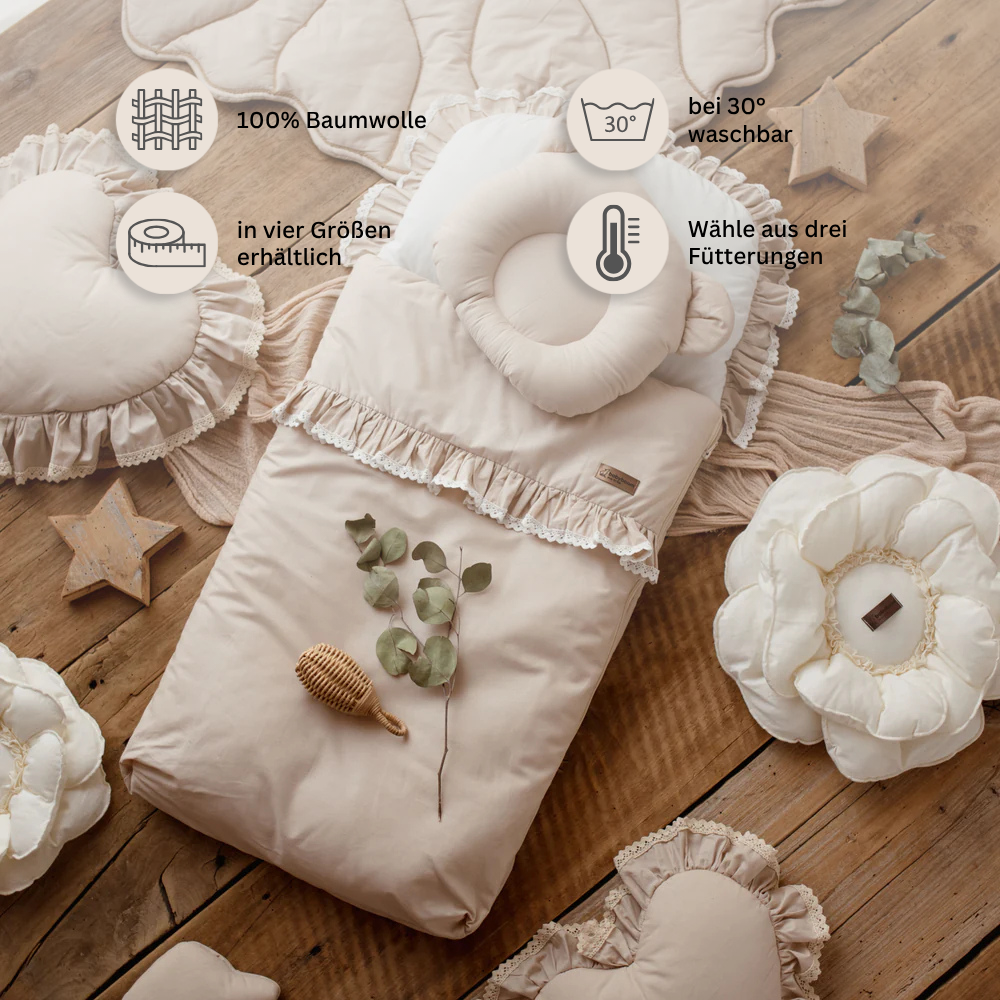 Flacher Schlafsack ROMANTIC mit Rüschen und weißer Spitze | Baumwolle