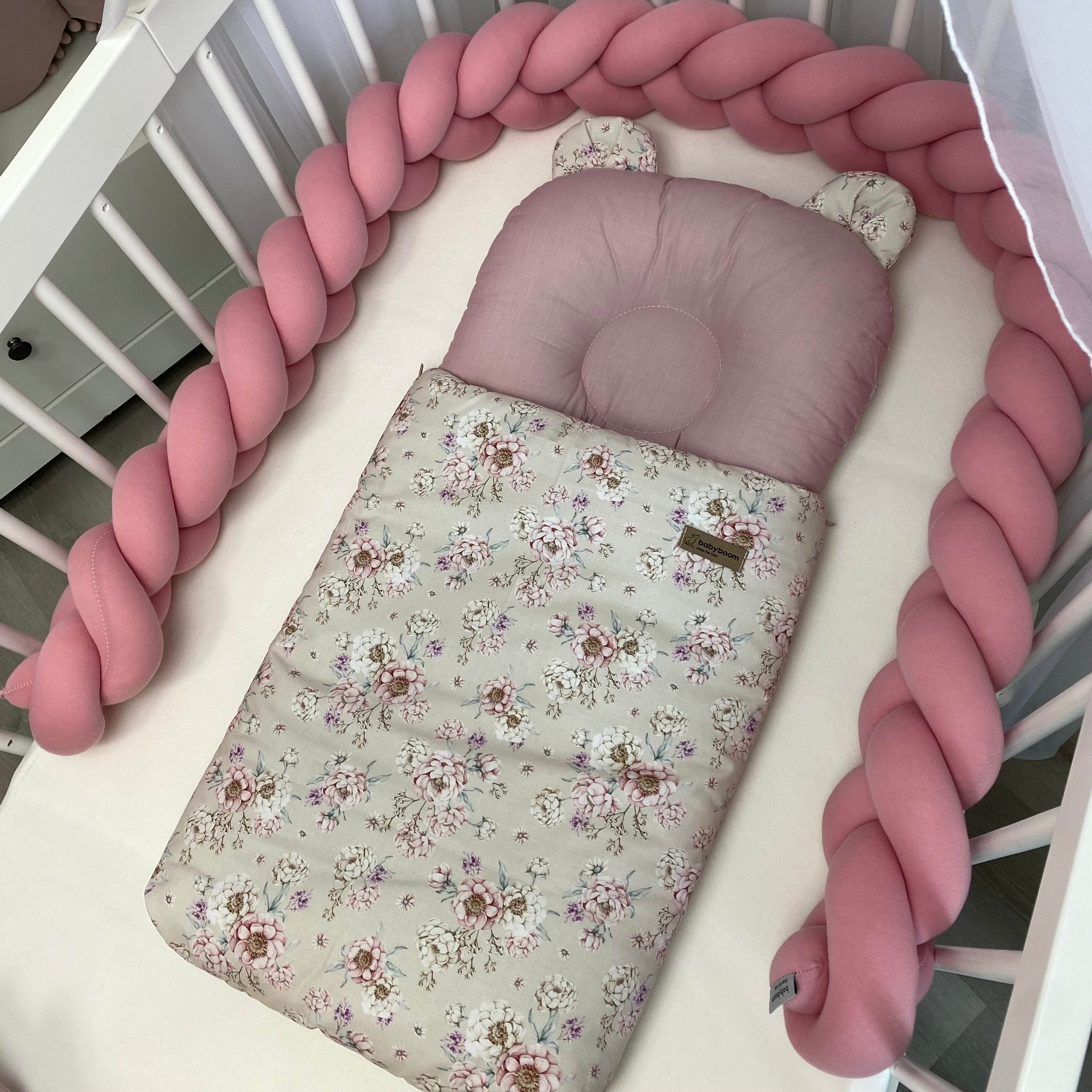 Babyschlafsack mit Bärenohren | Premium Baumwolle | Dusty pink & Beige Blossoms