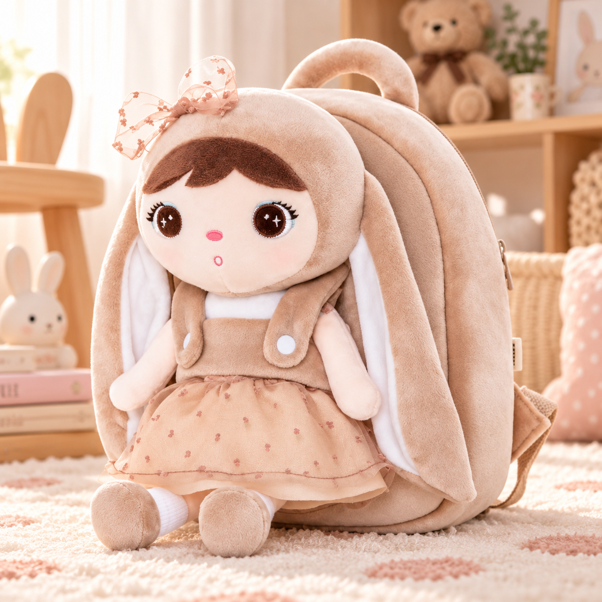 Personalisierter Stoff-Rucksack | Häschen mit Schleife Beige