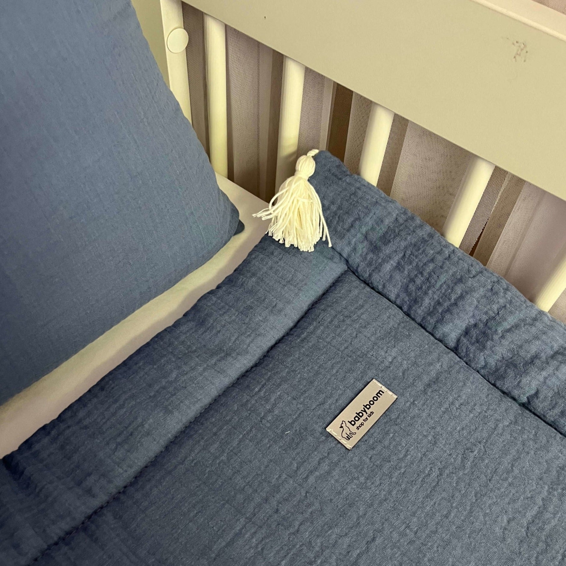 Decke aus Musselinstoff inkl. Kissen mit Quasten | Musselinstoff Jeansblau
