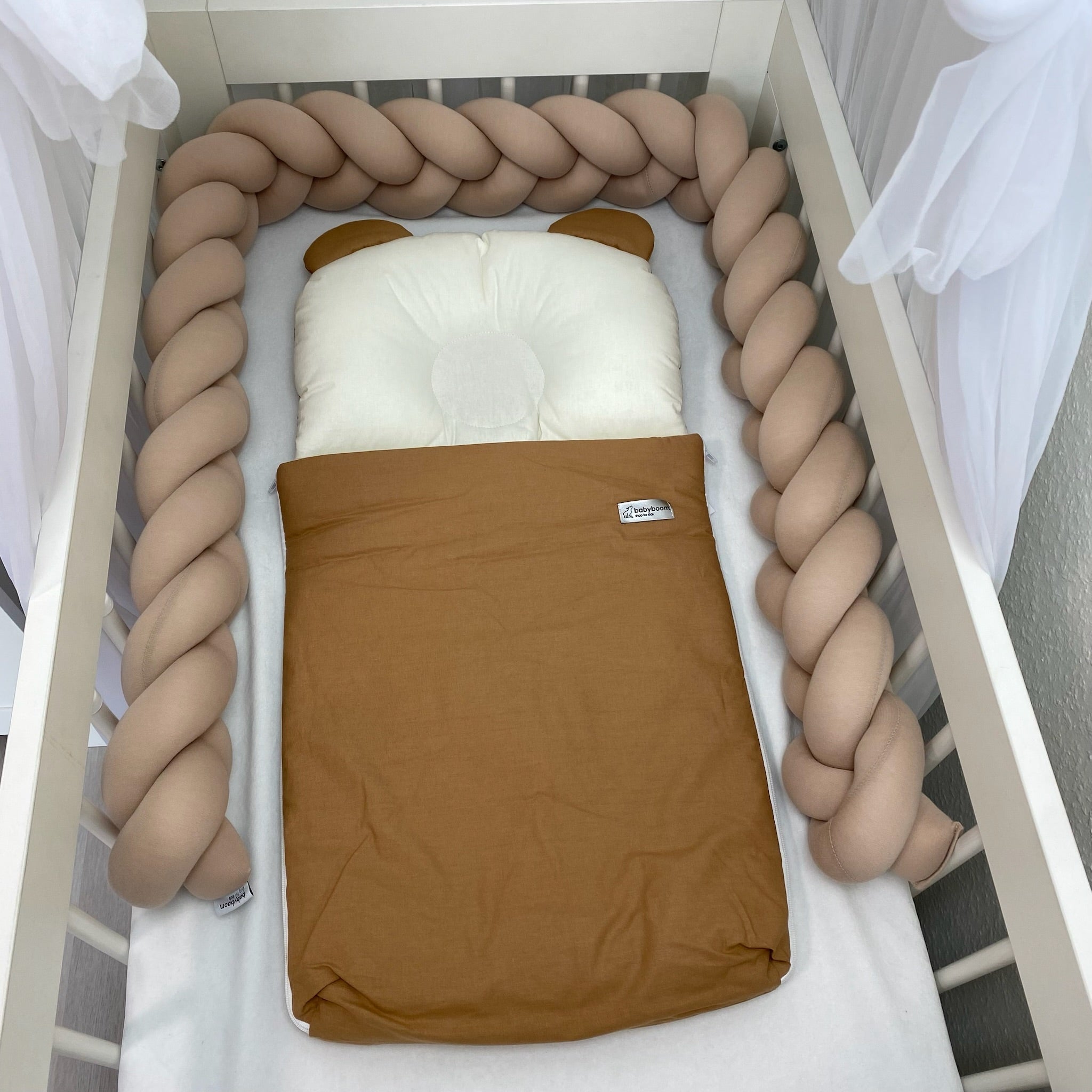 Babyschlafsack mit Bärenohren | Baumwolle | Ecru & Karmell | 75 cm | TOG 2.5