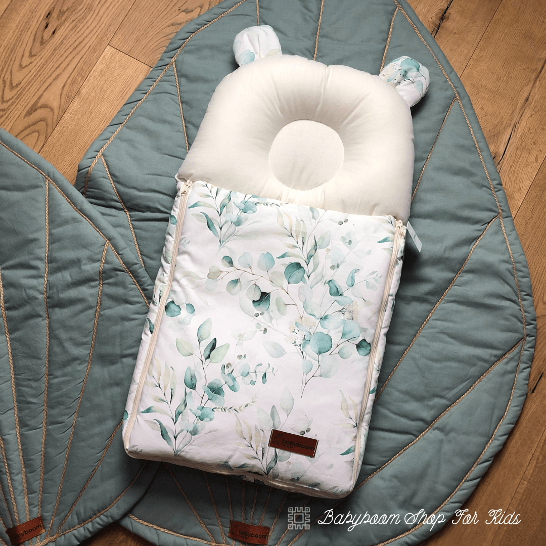 Babyschlafsack mit Bärenohren aus Premium Baumwolle und Kissen gegen Kopfverformung, handmade