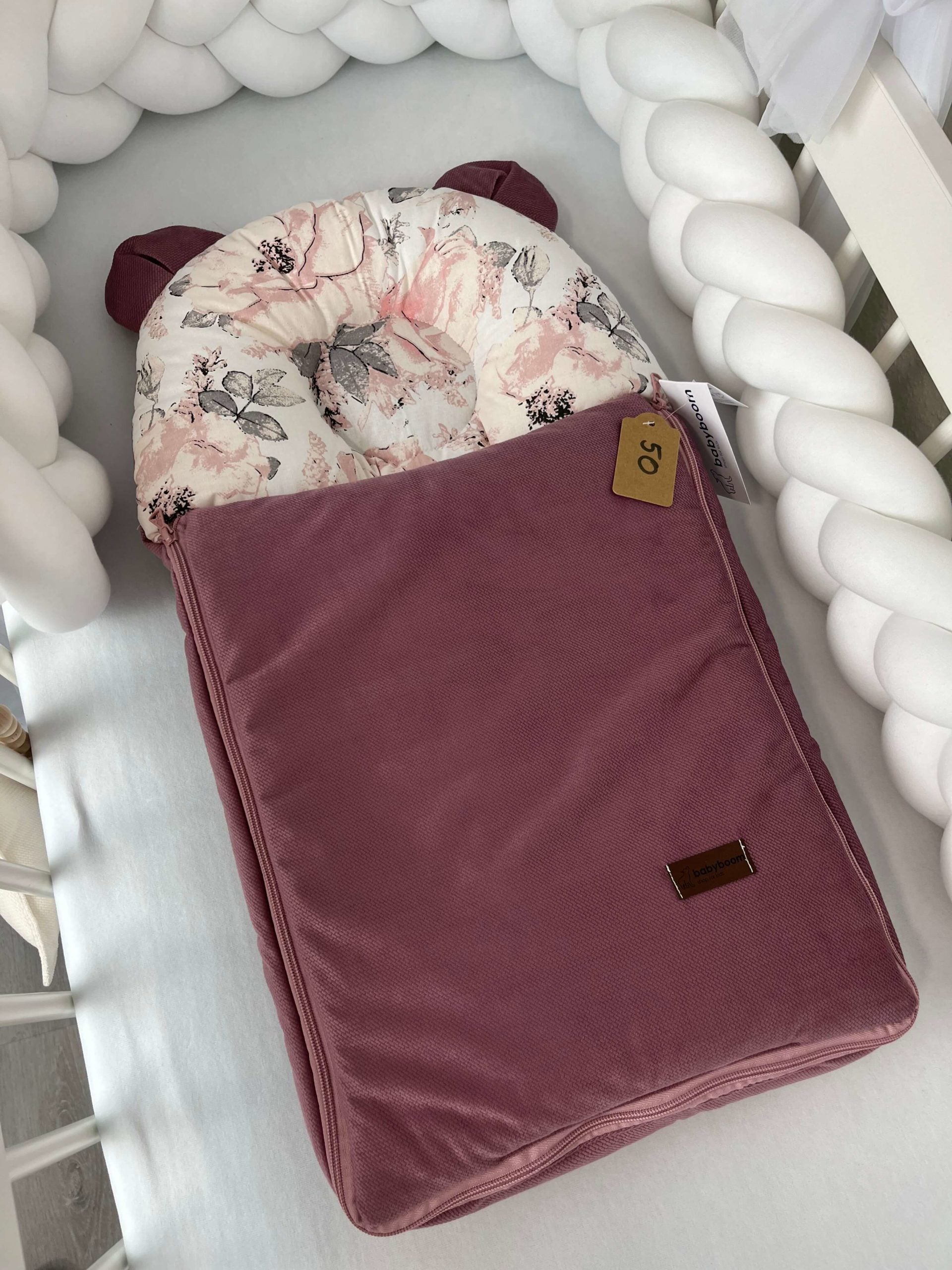 Babyschlafsack mit Bärenohren | "Flowers" & Samt Altrosa | 70 cm | TOG 2,5