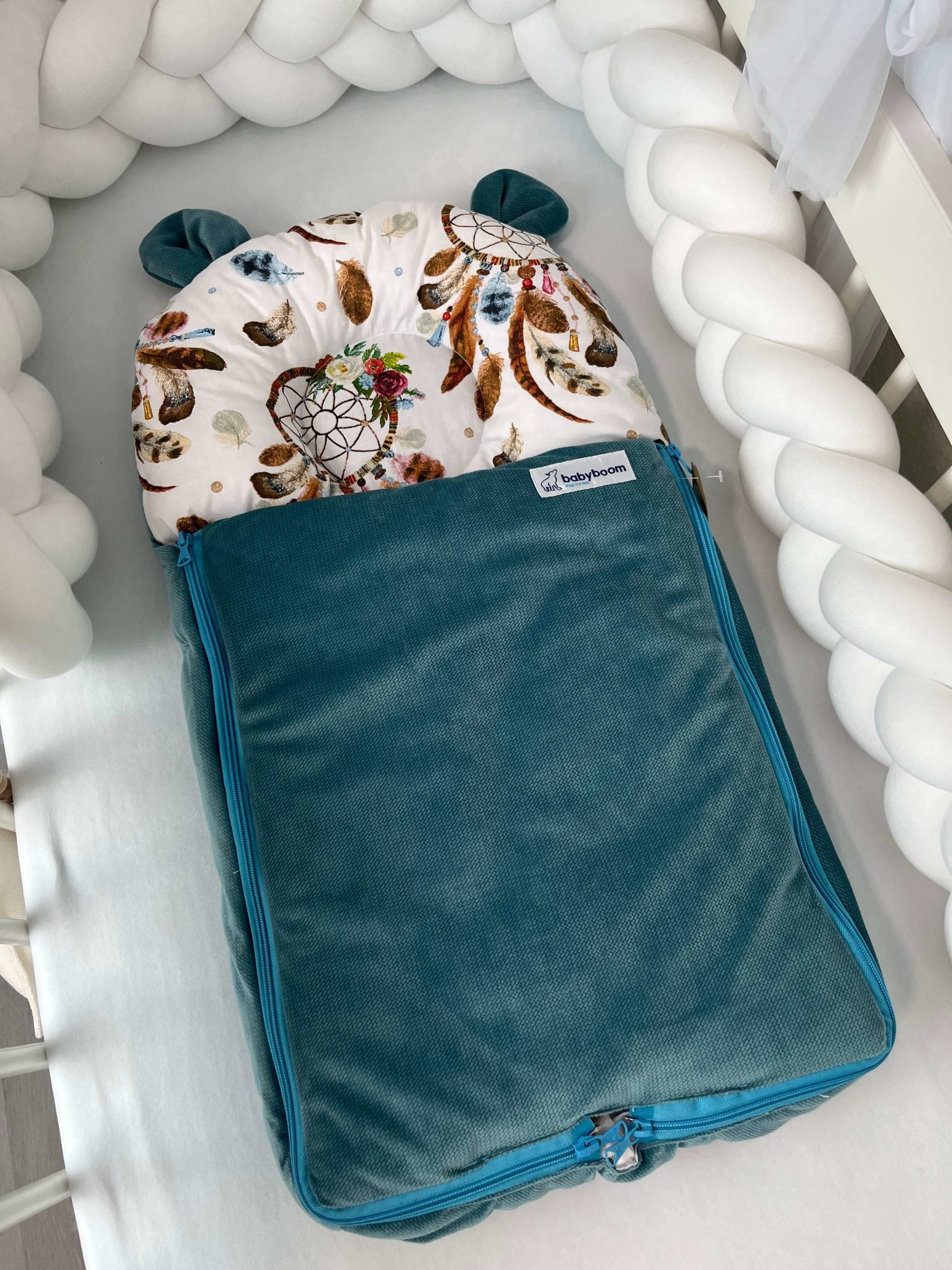 Babyschlafsack mit Bärenohren | "Traumfänger hell" & Samt Smaragdgrün | 70 cm | TOG 2,5
