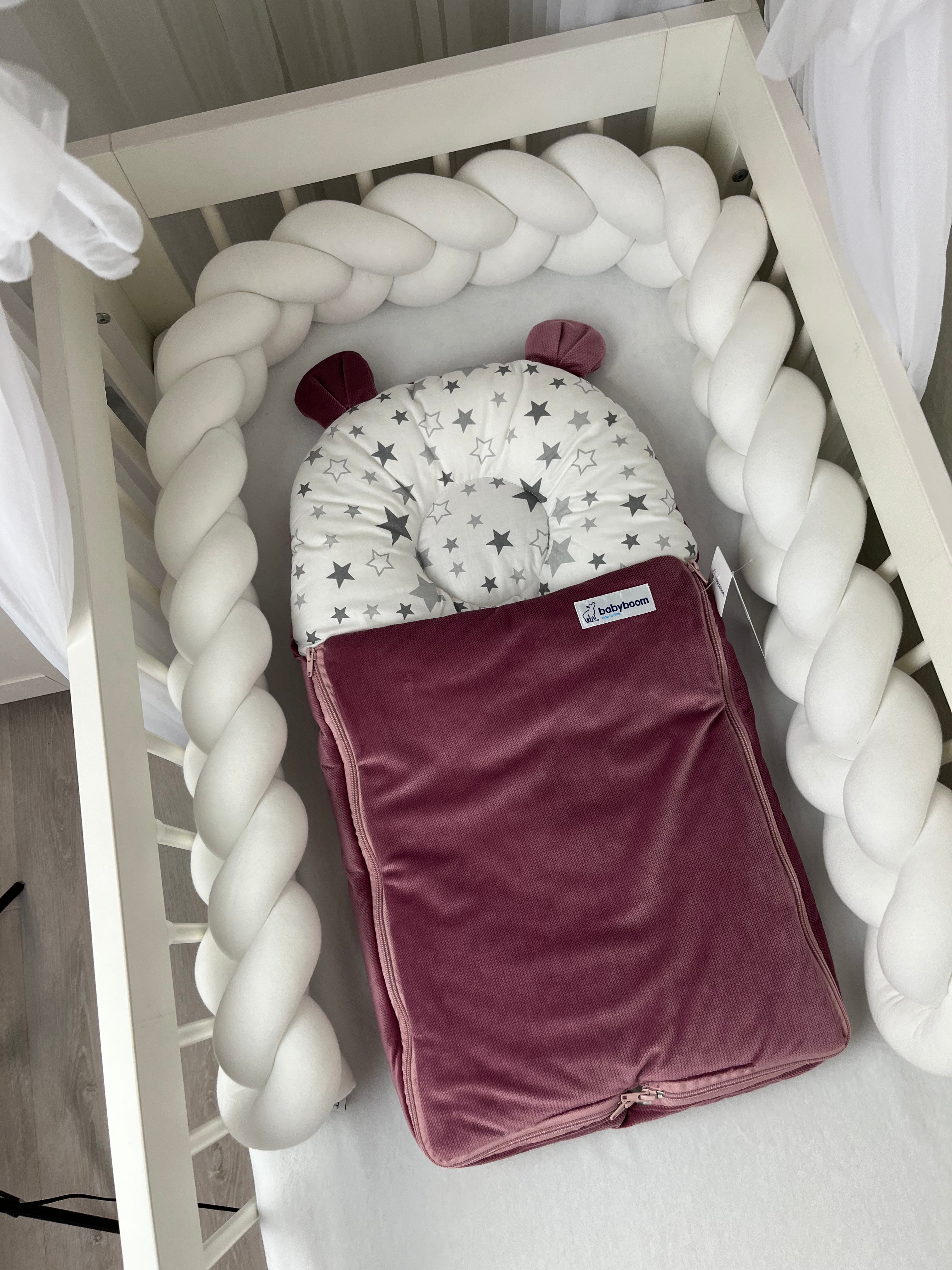 Babyschlafsack mit Bärenohren | "Graue Sterne" & Samt Dusty Pink | 70 cm | TOG 2,5